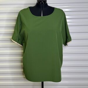 Emery Rose Womens 2XL Green with Cream Trim Short Sleeve Blouse